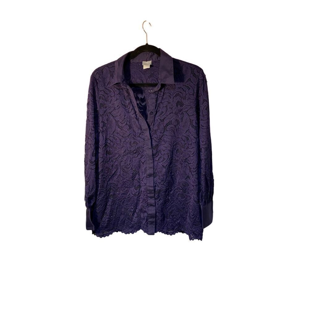 Chicos women’s navy blue lace long sleeve button down blouse S/2